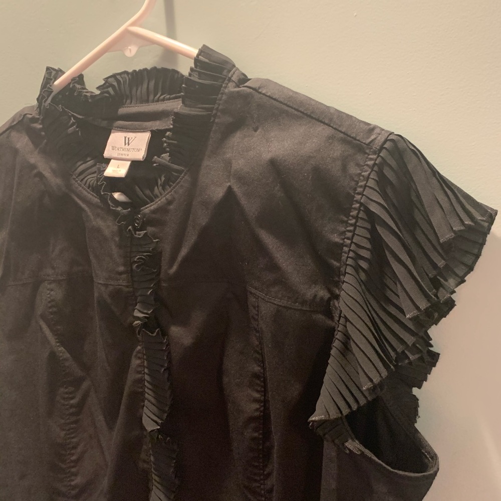 Black Ruffled Short Sleeve Button Down - Picture 2 of 3